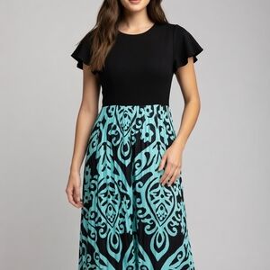 Black and Aqua Floral-Print Flutter Sleeve Maxi Dress